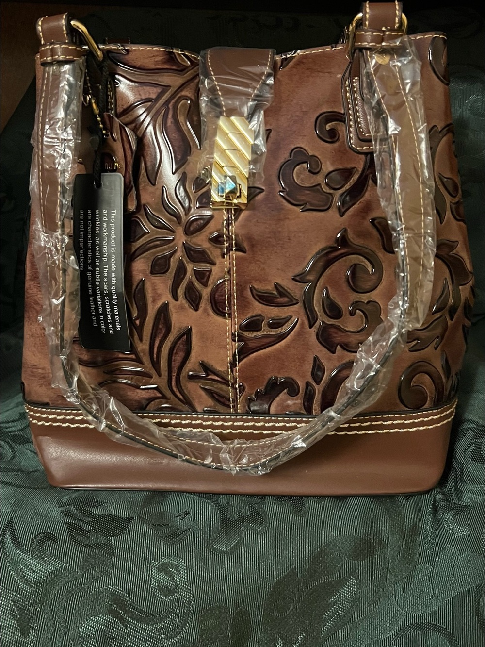 NWT Odessa ALL LEATHER Embossed Bag with Gold Accent. Zippered compartments!